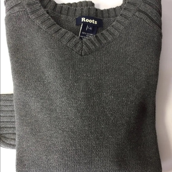 Roots Men V Neck Chunky Sweater Large Grey Cotton - Picture 3 of 13